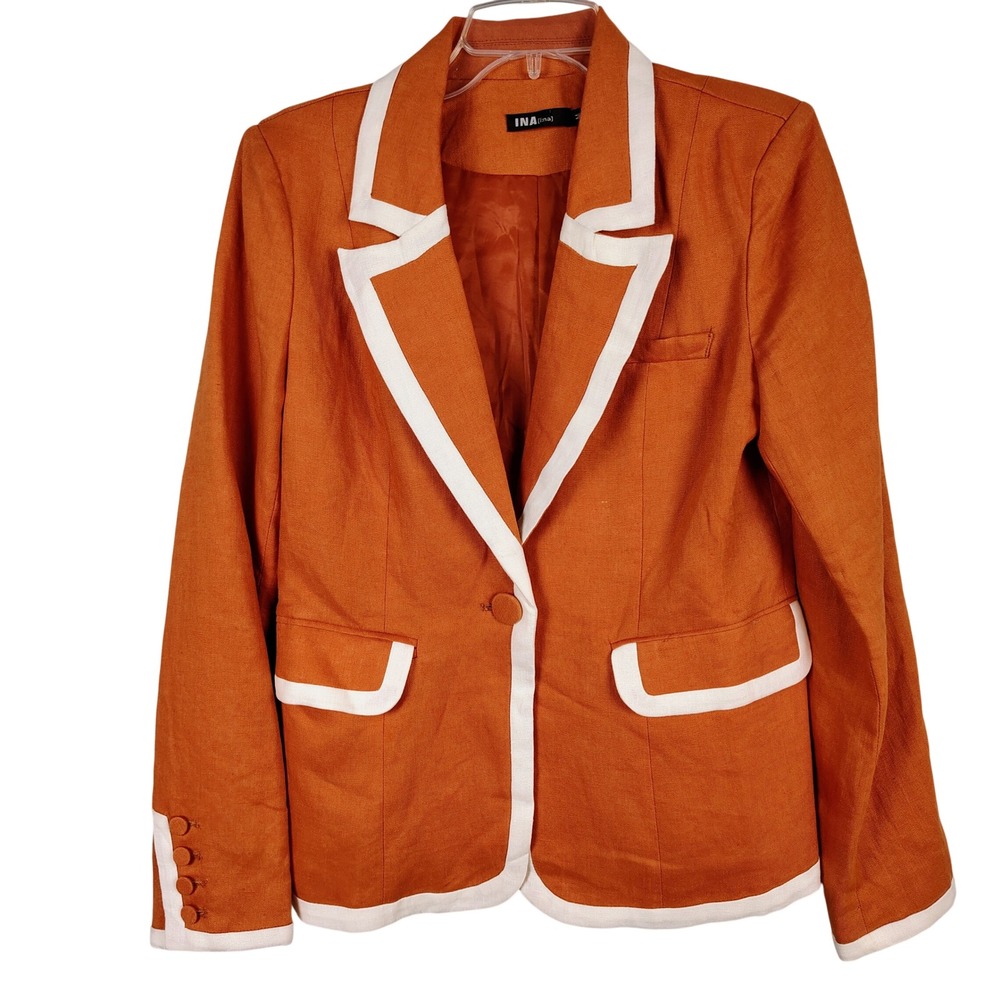 Womens M INA Linen Contrast Trim Blazer Burnt Orange Preppy Nautical coastal